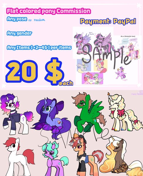 Size: 1666x2048 | Tagged: safe, artist:petaltwinkle, derpibooru import, pinkie pie, princess cadance, twilight sparkle, twilight sparkle (alicorn), oc, alicorn, earth pony, pegasus, unicorn, g4, advertisement, blue text, commission info, commissions open, earth pony oc, flying, horn, image, jpeg, lying down, pegasus oc, pink text, prone, sitting, text, unicorn oc, watermark, wings