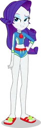 Size: 1257x3889 | Tagged: safe, artist:dustinwatsongkx, derpibooru import, rarity, human, equestria girls, g4, applejack's beach shorts swimsuit, clothes, clothes swap, geode of super strength, image, magical geodes, png, sandals, simple background, solo, swimsuit, swimsuit swap, transparent background, vector
