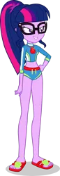 Size: 1280x3726 | Tagged: safe, artist:dustinwatsongkx, derpibooru import, sci-twi, twilight sparkle, human, equestria girls, g4, applejack's beach shorts swimsuit, clothes, clothes swap, female, geode of super strength, image, magical geodes, png, sandals, simple background, solo, swimsuit, swimsuit swap, transparent background, vector