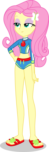 Size: 1280x3893 | Tagged: safe, artist:dustinwatsongkx, derpibooru import, fluttershy, human, equestria girls, g4, applejack's beach shorts swimsuit, clothes, clothes swap, female, geode of super strength, image, magical geodes, png, sandals, simple background, solo, swimsuit, swimsuit swap, transparent background, vector