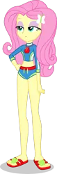 Size: 1280x3893 | Tagged: safe, artist:dustinwatsongkx, derpibooru import, fluttershy, human, equestria girls, g4, applejack's beach shorts swimsuit, clothes, clothes swap, female, geode of super strength, image, magical geodes, png, sandals, simple background, solo, swimsuit, swimsuit swap, transparent background, vector