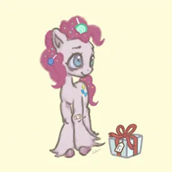 Size: 1074x1074 | Tagged: safe, artist:tuskonline, derpibooru import, pinkie pie, earth pony, pony, g4, balloon, bandaid, blue eyes, candy, female, food, image, jpeg, lollipop, mare, pink hair, pink mane, pink tail, present, simple background, tail, yellow background