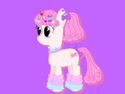 Size: 1024x768 | Tagged: safe, artist:lnx1ynight16, derpibooru import, oc, oc:confetti kei, unofficial characters only, earth pony, pony, clothes, ear piercing, female, hair accessory, image, jewelry, leg warmers, necklace, piercing, pink mane, pink tail, png, ponytail, purple background, simple background, smiling, solo, solo female, tail