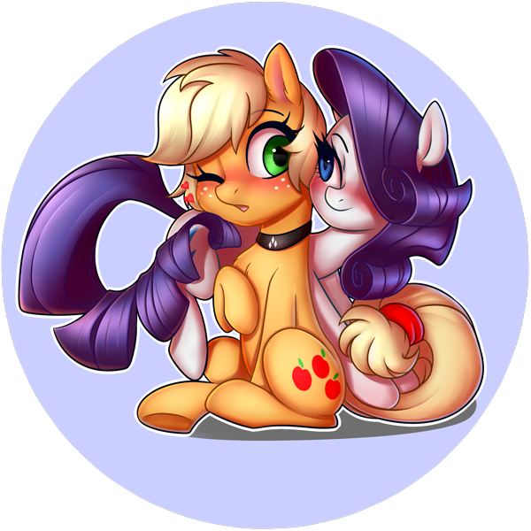 Size: 600x600 | Tagged: safe, artist:captainpudgemuffin, artist:jumblehorse, ponerpics import, ponybooru import, applejack, rarity, earth pony, pony, unicorn, alternate hairstyle, blushing, collaboration, collar, female, image, lesbian, mare, one eye closed, pixie cut, png, rarijack, shipping, short hair, sitting, tail seduce, white outline