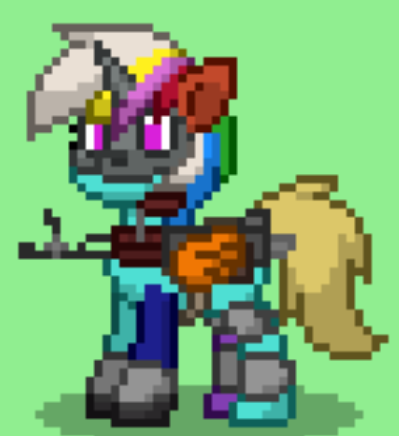 Size: 399x436 | Tagged: safe, artist:blackblade360, derpibooru import, oc, oc:swap part, unofficial characters only, pegasus, pony, fallout equestria, armor, ashes town, battle saddle, body armor, body part swap, body parts, creepy, cyan coat, digital art, fallout, female, green background, image, implied death, magenta eyes, mare, pegasus oc, pixel art, png, raider, raider armor, simple background, skull, skull mask, tan tail, wings