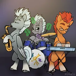 Size: 2048x2048 | Tagged: safe, artist:pfeffaroo, derpibooru import, oc, oc:cobalt, oc:scope, oc:sunflare, unofficial characters only, earth pony, pegasus, pony, unicorn, drums, earth pony oc, horn, image, jpeg, keyboard, musical instrument, not alphabittle, pegasus oc, saxophone, unicorn oc, wings