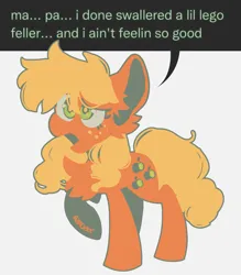 Size: 1695x1936 | Tagged: safe, artist:pastacrylic, derpibooru import, applejack, earth pony, pony, image, implied bright mac, implied lego, implied pear butter, jpeg, solo, this will not end well, too dumb to live