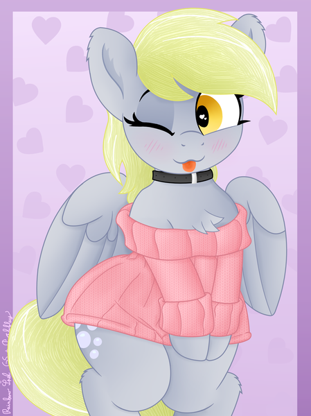 Size: 3016x4032 | Tagged: safe, artist:pabbley, artist:rainbowšpekgs, derpibooru import, derpy hooves, pegasus, pony, g4, bipedal, blushing, chest fluff, choker, clothes, collar, cute, derpabetes, female, heart, heart eyes, image, mare, off shoulder, off shoulder sweater, one eye closed, png, solo, sweater, sweater dress, tongue out, wide hips, wingding eyes, wings, wink