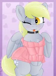 Size: 3016x4032 | Tagged: safe, artist:pabbley, artist:rainbowšpekgs, derpibooru import, derpy hooves, pegasus, pony, g4, bipedal, blushing, chest fluff, choker, clothes, collar, cute, derpabetes, female, heart, heart eyes, image, mare, off shoulder, off shoulder sweater, one eye closed, png, solo, sweater, sweater dress, tongue out, wide hips, wingding eyes, wings, wink