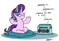 Size: 2196x1510 | Tagged: safe, artist:bobthedalek, derpibooru import, starlight glimmer, pony, unicorn, g4, atg 2024, calm, crossed legs, cushion, eyes closed, female, horn, image, kite, mare, meditating, newbie artist training grounds, png, relaxed, smiling, solo, that pony sure does love kites