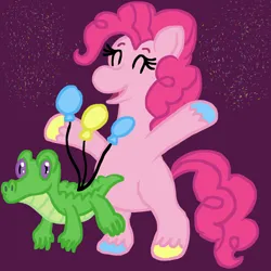 Size: 1000x1000 | Tagged: safe, artist:mintwhistle, derpibooru import, gummy, pinkie pie, alligator, earth pony, pony, g4, atg 2024, balloon, bipedal, celebration, colored hooves, confetti, dark pink background, duo, duo male and female, eyes closed, female, floating, hooves, image, male, mare, medibang paint, missing cutie mark, multicolored hooves, newbie artist training grounds, open mouth, open smile, pink background, png, simple background, smiling, unshorn fetlocks, when he smiles