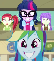 Size: 1280x1440 | Tagged: safe, derpibooru import, rainbow dash, rose heart, sci-twi, starlight, twilight sparkle, human, eqg summertime shorts, equestria girls, g4, pinkie on the one, subs rock, female, glasses, image, implied lesbian, implied shipping, implied twidash, my little pony equestria girls: rainbow rocks, my little pony equestria girls: summertime shorts, png, smiling, teeth