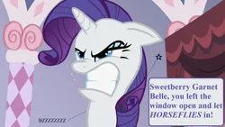 Size: 1280x720 | Tagged: safe, derpibooru import, edit, edited screencap, editor:korora, screencap, rarity, g4, sisterhooves social, carousel boutique, faic, gritted teeth, image, implied horsefly, implied sweetie belle, onomatopoeia, pain, pain star, png, rarity is best facemaker, speech, speech bubble, talking, teeth