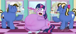 Size: 6753x3045 | Tagged: suggestive, artist:tidmouthmilk12, derpibooru import, twilight sparkle, twilight sparkle (alicorn), oc, oc:fudge cookie, oc:sundae shake, oc:tidmouth milk, alicorn, earth pony, pony, g4, banana split, belly, big belly, bow, burp, checkered floor, chubby, chubby cheeks, clown surprise, dessert, drink, fat, food, freckles, grin, hair bow, hat, huge belly, ice cream, image, impossibly large belly, looking through the window, messy eating, milkshake, onomatopoeia, overeating, png, signature, sitting on floor, smiling, stretchmarks, sundae, tiled floor, tray, twilard sparkle, weight gain, window