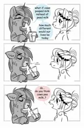 Size: 1361x2048 | Tagged: safe, artist:opalacorn, derpibooru import, oc, oc:silver stream, oc:void, alicorn, pegasus, pony, zebra, zebra alicorn, chest fluff, comic, drink, drinking, drinking straw, duo, duo male and female, eyes closed, female, floppy ears, glass, grayscale, image, jpeg, laurel wreath, male, mare, milk, milk moustache, monochrome, nose piercing, nose ring, partial color, piercing, simple background, stallion, white background