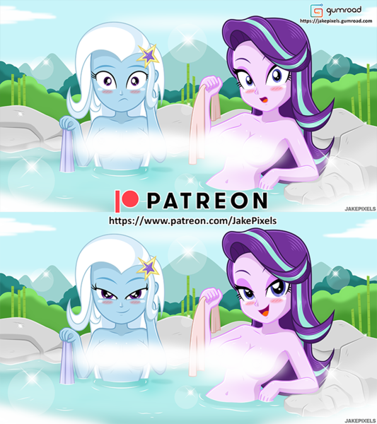 Size: 755x850 | Tagged: suggestive, artist:jakepixels, derpibooru import, starlight glimmer, trixie, human, equestria girls, g4, breasts, censored breasts, duo, duo female, female, gumroad, gumroad logo, hot springs, image, looking at you, nudity, patreon, patreon logo, png, stupid sexy starlight glimmer, stupid sexy trixie