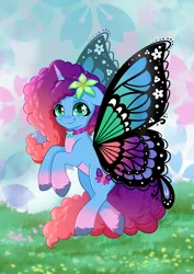 Size: 1448x2048 | Tagged: safe, artist:nuumia, derpibooru import, pony, unicorn, g5, butterfly wings, choker, flower, flower in hair, flying, horn, image, jpeg, misty brightdawn, rebirth misty, smiling, solo, wings