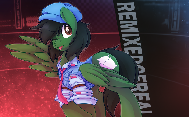 Size: 3480x2160 | Tagged: safe, artist:pearlyiridescence, derpibooru import, oc, oc:remixed cereal, unofficial characters only, pegasus, pony, :p, asuka kazama, clothes, cosplay, costume, hat, image, male, necktie, one eye closed, png, shirt, stallion, tekken, tongue out, vest, wallpaper, wink