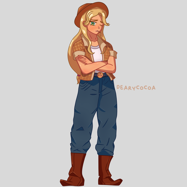 Size: 4000x4000 | Tagged: safe, artist:dearycocoa, derpibooru import, applejack, human, equestria girls, g4, 2d, applejack's hat, belt, boots, clothes, cowboy hat, crossed arms, denim, female, freckles, geode of super strength, hat, humanized, image, jeans, looking at you, magical geodes, one eye closed, pants, png, shirt, shoes, solo, t-shirt, toothpick, wink