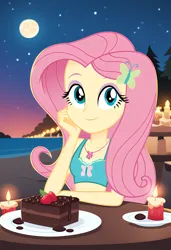 Size: 1664x2432 | Tagged: safe, ai content, derpibooru import, machine learning generated, prompter:tophatskyman, stable diffusion, fluttershy, human, equestria girls, g4, beach, bikini, birthday, birthday cake, breasts, cake, candle, candlelight, clothes, food, generator:pony diffusion v6 xl, image, jpeg, looking at you, moon, night, party, petite, small breasts, solo, stars, strawberry, swimsuit