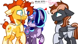 Size: 1280x720 | Tagged: safe, artist:femurthechangeling, artist:im-not-skittles, derpibooru import, starlight glimmer, sunburst, oc, oc:vanilla dusk, pegasus, pony, unicorn, alternate cutie mark, alternate design, alternate hairstyle, base used, bun hairstyle, canon x oc, eyebrows, female, folded wings, gay, gay in front of girls, glasses, glasses chain, heart, horn, image, male, png, raised eyebrow, raised hoof, simple background, starlight glimmer is not amused, sunburst's glasses, transparent background, unamused, wings