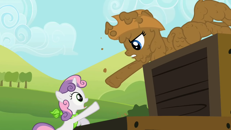 Size: 1280x720 | Tagged: safe, screencap, rarity, sweetie belle, pony, unicorn, sisterhooves social, applejack's hat, bandana, cowboy hat, crate, female, filly, gritted teeth, hat, horn, image, mare, mud, open mouth, png, reaching, siblings, sisters, tail, tree