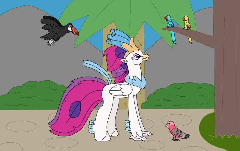 Size: 3264x2054 | Tagged: safe, artist:supahdonarudo, derpibooru import, queen novo, bird, classical hippogriff, cockatoo, hippogriff, parakeet, parrot, toucan, my little pony: the movie, atg 2024, flying, image, looking up, mountain, newbie artist training grounds, palm tree, perching, png, tree