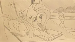 Size: 3255x1843 | Tagged: safe, artist:mlpfantealmintmoonrise, derpibooru import, fluttershy, pegasus, pony, g4, atg 2024, book, dear princess celestia, female, fence, hooves, image, irl, journal, jpeg, kindness, looking down, mare, monochrome, newbie artist training grounds, peaceful, pencil, pencil drawing, photo, platform, scene interpretation, simple background, sitting, solo, solo female, solo focus, traditional art, writing