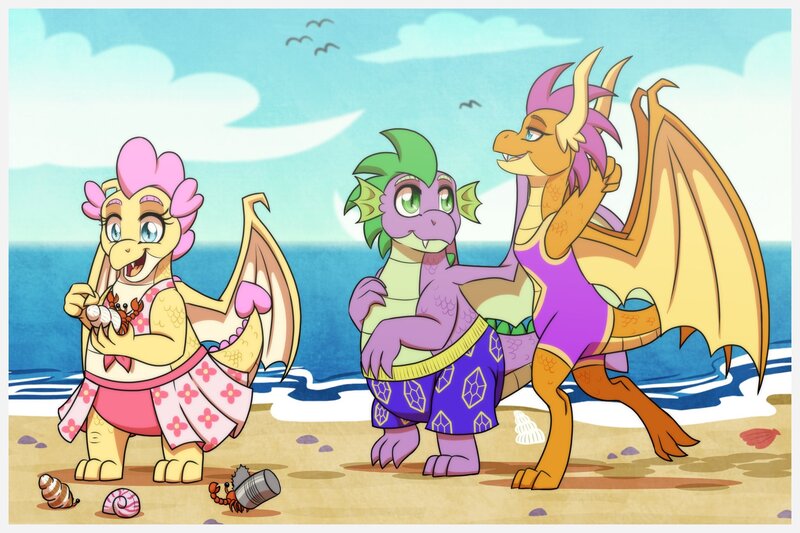 Size: 1772x1181 | Tagged: safe, artist:inuhoshi-to-darkpen, derpibooru import, smolder, spike, oc, oc:buttercream the dragon, bird, seagull, flurry heart's story, beach, can, clothes, fat, fat spike, gift art, heart shaped, hermit crab, image, jpeg, ocean, older, older smolder, older spike, sand, sky, swimming trunks, swimsuit, two-piece swimsuit, water