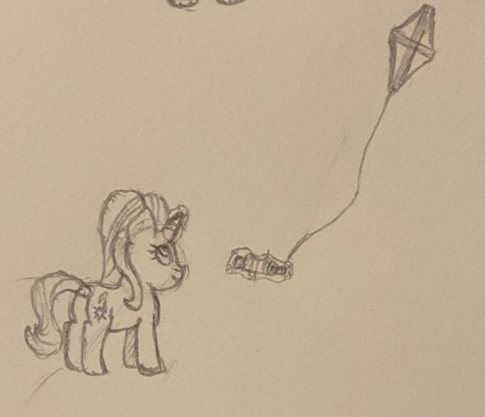 Size: 1857x1596 | Tagged: safe, artist:supersonicrainboom, derpibooru import, starlight glimmer, pony, unicorn, g4, atg 2024, female, horn, image, jpeg, kite, kite flying, mare, newbie artist training grounds, sketch, solo, traditional art