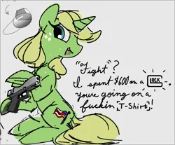 Size: 933x771 | Tagged: semi-grimdark, derpibooru import, oc, pony, unicorn, aside glance, freckles, grimcute, gun, handgun, horn, image, imminent death, looking at you, png, sideways glance, solo, talking to viewer, this will end in tears, unicorn oc, weapon