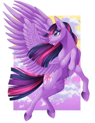 Size: 2550x3300 | Tagged: safe, artist:lilac-blaze, derpibooru import, twilight sparkle, twilight sparkle (alicorn), alicorn, pony, g4, curved horn, female, flying, grin, high res, horn, image, jpeg, looking back, mare, passepartout, sharp horn, smiling, solo, spread wings, wings
