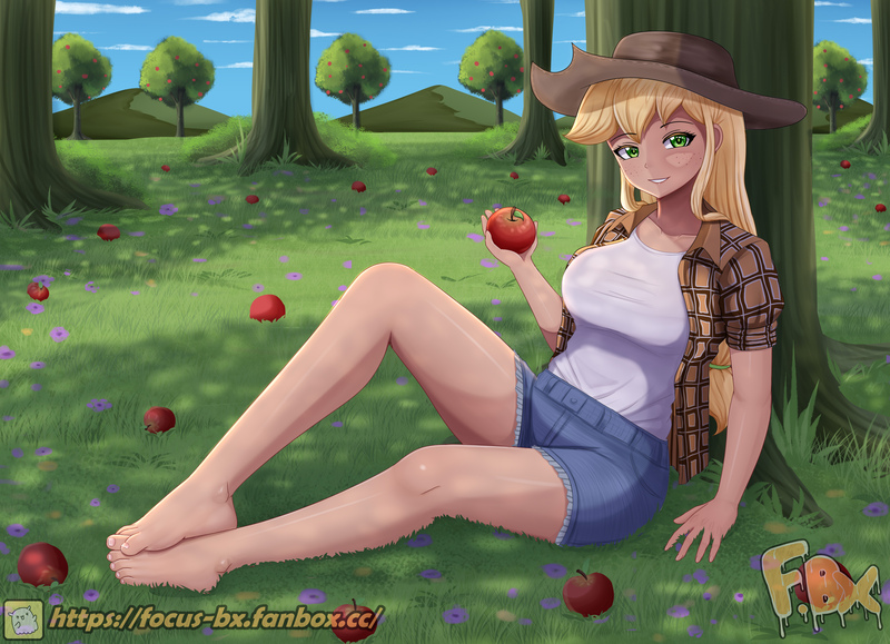 Size: 3425x2480 | Tagged: safe, artist:focusb, derpibooru import, applejack, human, apple, apple tree, barefoot, breasts, busty applejack, clothes, feet, female, food, grin, humanized, image, jpeg, looking at you, shorts, sitting, smiling, smiling at you, solo, tree