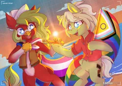 Size: 2048x1448 | Tagged: safe, artist:musicfirewind, derpibooru import, oc, oc:milli, unofficial characters only, pony, duo, eponafest, gay pride flag, image, jpeg, pride, pride flag, shitstain pride flag