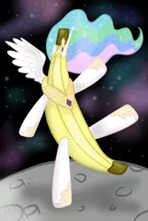 Size: 2000x3000 | Tagged: safe, artist:eilemonty, derpibooru import, princess celestia, banana, bananalestia, food, image, jewelry, moon, old art, on the moon, png, regalia, solo