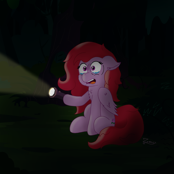 Size: 2000x2000 | Tagged: safe, artist:zeccy, derpibooru import, oc, unofficial characters only, pegasus, pony, atg 2024, crying, dark, darkness, everfree forest, flashlight (object), image, newbie artist training grounds, png, solo, tears of fear