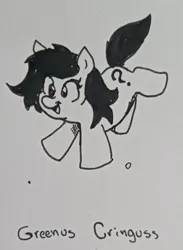 Size: 1469x2010 | Tagged: safe, artist:pony quarantine, derpibooru import, oc, oc:anonfilly, unofficial characters only, earth pony, pony, female, filly, grayscale, image, jpeg, monochrome, open mouth, open smile, pen drawing, smiling, solo, traditional art