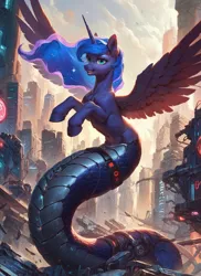 Size: 1024x1408 | Tagged: safe, ai content, derpibooru import, machine learning generated, prompter:star-dragon, stable diffusion, princess luna, alicorn, cyborg, hybrid, lamia, original species, g4, cyberpunk, generator:pony diffusion v6 xl, horn, image, png, science fiction, wings