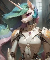 Size: 848x1021 | Tagged: safe, ai content, derpibooru import, machine learning generated, stable diffusion, princess celestia, anthro, robot, g4, female, generator:pony diffusion v6 xl, image, png, prompter:teonanakatle, robolestia, roboticization, solo