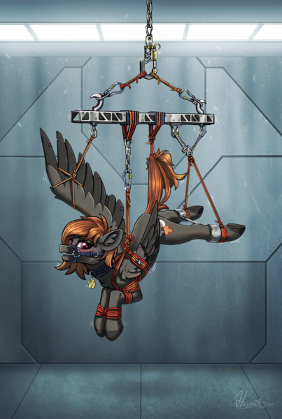 Size: 2964x4418 | Tagged: suggestive, artist:helmie-art, derpibooru import, oc, oc:autumn sky, unofficial characters only, pegasus, pony, bondage, gag, harness, image, png, rope, rope bondage, shibari, suspended, tack, tied up