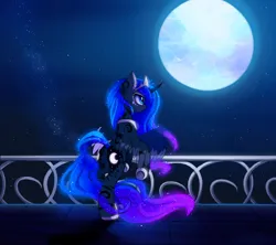 Size: 1600x1422 | Tagged: safe, artist:magnaluna, derpibooru import, princess luna, alicorn, pony, g4, balcony, both cutie marks, butt, color porn, crown, curved horn, ear fluff, ethereal mane, ethereal tail, female, full moon, galaxy mane, hoof shoes, horn, image, jewelry, jpeg, mare, moon, moonbutt, night, night sky, outdoors, peytral, plot, princess shoes, rear view, regalia, sky, solo, spread wings, stars, tail, wings