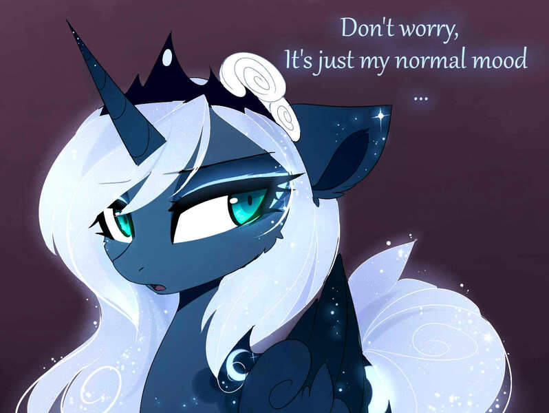 Size: 1612x1212 | Tagged: safe, artist:magnaluna, derpibooru import, princess luna, alicorn, pony, g4, cheek fluff, colored wings, colored wingtips, crown, female, folded wings, horn, image, jewelry, jpeg, mare, open mouth, regalia, solo, tail, white-haired luna, wings