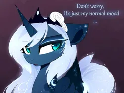 Size: 1612x1212 | Tagged: safe, artist:magnaluna, derpibooru import, princess luna, alicorn, pony, zefiros codex, g4, alternate hairstyle, alternate universe, beautiful, cheek fluff, colored wings, colored wingtips, crown, dialogue, ethereal mane, female, flower, flower in hair, folded wings, horn, image, jewelry, jpeg, mare, missing accessory, open mouth, regalia, rose, solo, sparkles, tail, talking, talking to viewer, tumblr, white-haired luna, wings