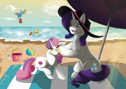 Size: 640x453 | Tagged: safe, artist:vixyvixen95, derpibooru import, apple bloom, applejack, parasol, rainbow dash, rarity, scootaloo, sweetie belle, pony, g4, beach, beach towel, blue sky, bucket, crepuscular rays, embarrassed, female, image, jpeg, missing accessory, ocean, pail, siblings, sisters, summer, sunscreen, towel, umbrella, water, wet