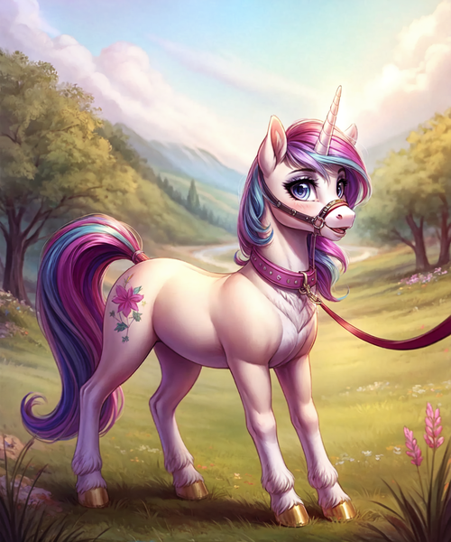 Size: 1280x1536 | Tagged: safe, ai content, derpibooru import, machine learning generated, part of a set, oc, unofficial characters only, human, pony, unicorn, blue eyes, chest fluff, collar, detailed, detailed background, dominant pov, female, femsub, flower, grass, halter, hooves, horn, image, implied human, implied human on pony action, implied interspecies, leash, long tail, multicolored hair, multicolored mane, multicolored tail, open mouth, outdoors, pet play, png, prompt in description, prompter:mechanic31, solo, standing, submissive, tack, tail, tree, unicorn horn, unicorn oc, unshorn fetlocks