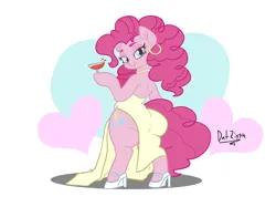 Size: 3644x2731 | Tagged: suggestive, artist:datzigga, derpibooru import, pinkie pie, pony, semi-anthro, balloonbutt, bipedal, butt, clothes, dress, ear piercing, earring, high heels, hooped earrings, image, jewelry, piercing, png, shoes, solo
