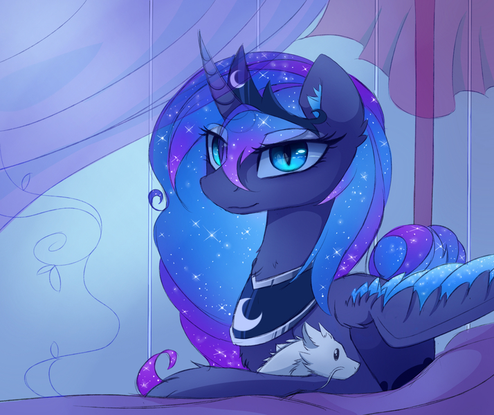 Size: 2500x2100 | Tagged: safe, artist:magnaluna, derpibooru import, princess luna, oc, oc:zefiroth, alicorn, dragon, pony, g4, canon x oc, crown, curved horn, dragon oc, ear fluff, female, high res, horn, image, jewelry, jpeg, looking at you, lying down, male, mare, non-pony oc, peytral, plushie, prone, regalia, shipping, slit pupils, smiling, smiling at you, solo, sparkly mane, straight, wings