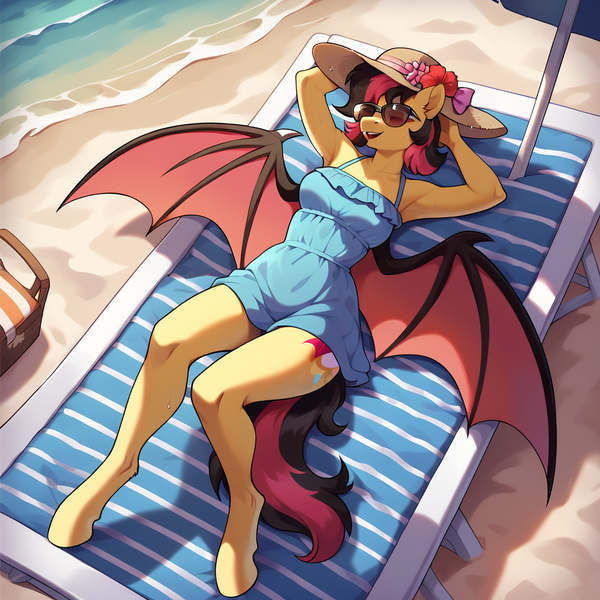 Size: 1024x1024 | Tagged: safe, ai content, derpibooru import, machine learning generated, prompter:lostconn, stable diffusion, oc, anthro, bat pony, anthro oc, arm behind head, bat wings, beach, beach towel, beach umbrella, generator:pony diffusion v6 xl, generator:purplesmart.ai, hat, image, png, sand, spread wings, summer dress, sunglasses, towel, umbrella, wings