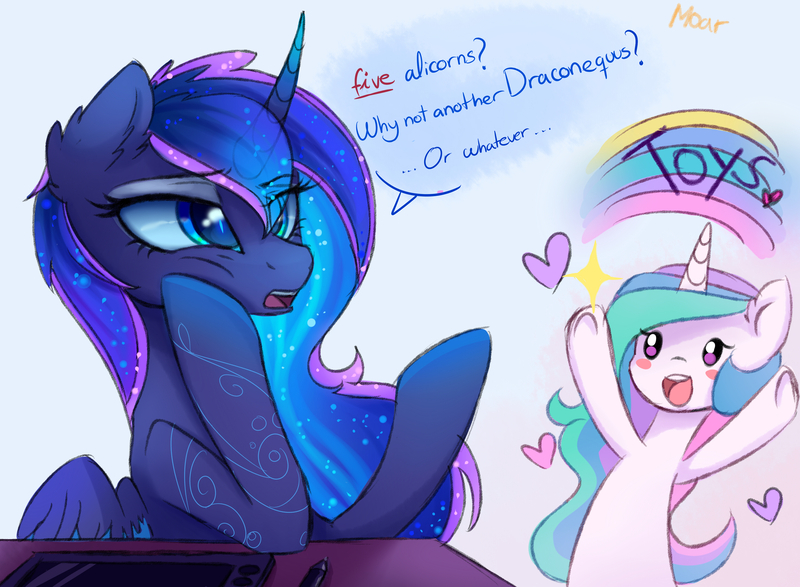 Size: 3449x2530 | Tagged: dead source, safe, artist:magnaluna, derpibooru import, princess celestia, princess luna, alicorn, pony, g4, the crystalling, :o, blush sticker, blushing, buy our toys, chibi, coat markings, curved horn, cute, cutelestia, dialogue, duo, duo female, ethereal mane, female, frown, happy, heart, high res, horn, image, implied princess flurry heart, jpeg, leaning, mare, open mouth, open smile, rainbow, royal sisters, siblings, sisters, smiling, starry mane, swirly markings, transparent mane, truth, unamused, underhoof, wacom tablet, wings