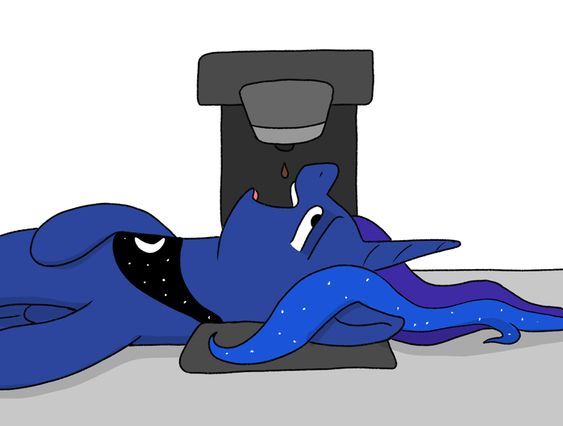 Size: 1513x1143 | Tagged: safe, artist:doodledonutart, derpibooru import, princess luna, alicorn, pony, atg 2024, coffee machine, drop, image, lying down, newbie artist training grounds, open mouth, png, simple background, solo, white background